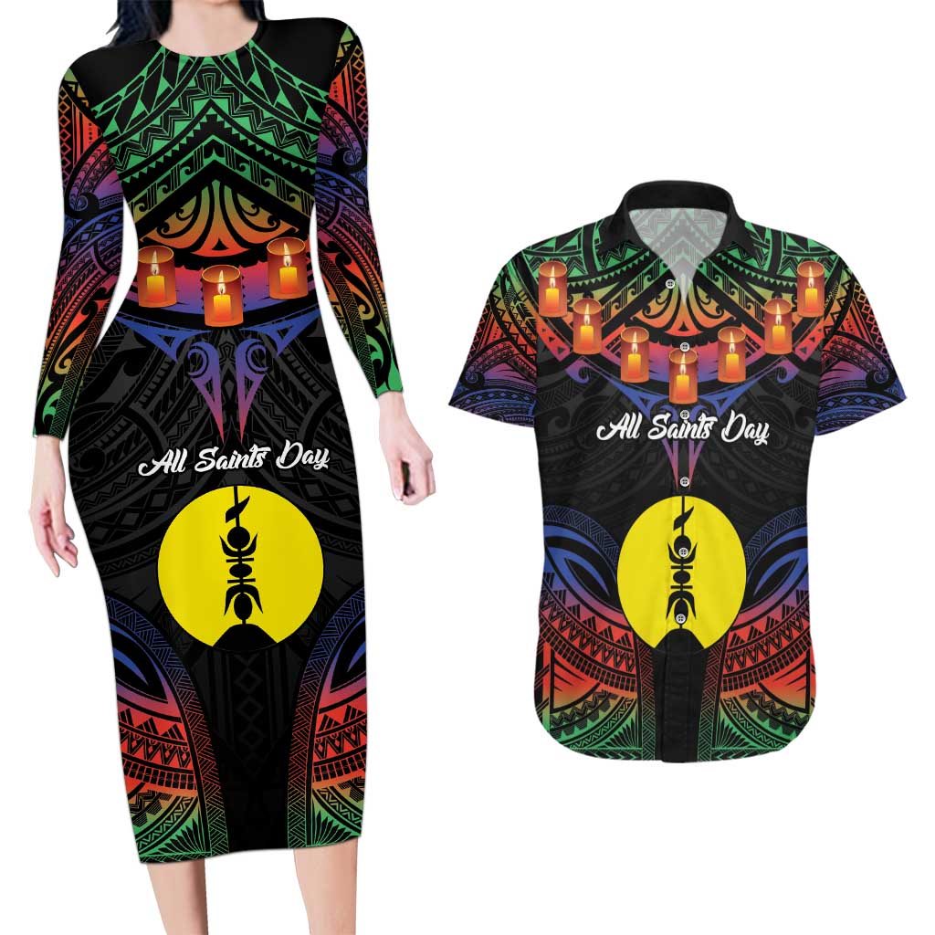 Personalised New Caledonia All Saints Day Couples Matching Long Sleeve Bodycon Dress and Hawaiian Shirt Candle Light with Polynesian Style LT9 Black - Polynesian Pride