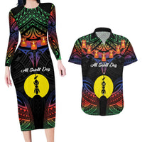 Personalised New Caledonia All Saints Day Couples Matching Long Sleeve Bodycon Dress and Hawaiian Shirt Candle Light with Polynesian Style LT9 Black - Polynesian Pride