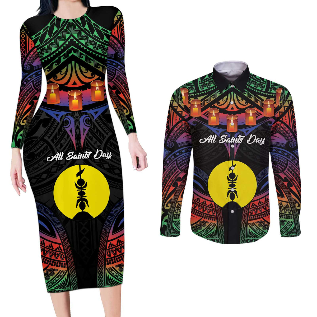 Personalised New Caledonia All Saints Day Couples Matching Long Sleeve Bodycon Dress and Long Sleeve Button Shirt Candle Light with Polynesian Style LT9 Black - Polynesian Pride