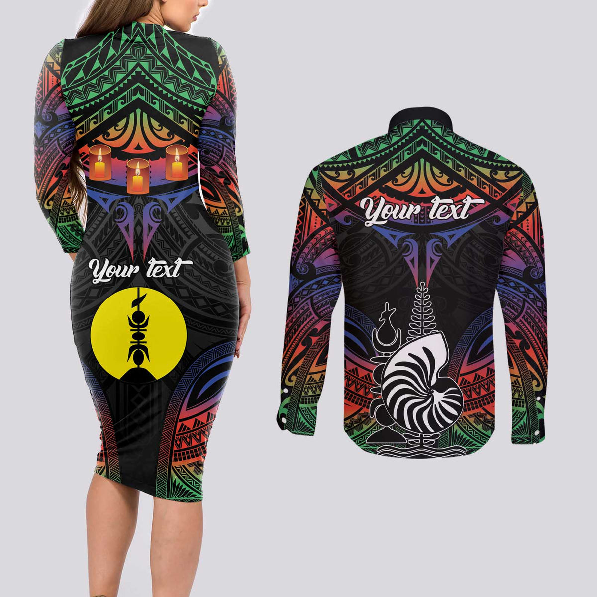 Personalised New Caledonia All Saints Day Couples Matching Long Sleeve Bodycon Dress and Long Sleeve Button Shirt Candle Light with Polynesian Style LT9 - Polynesian Pride