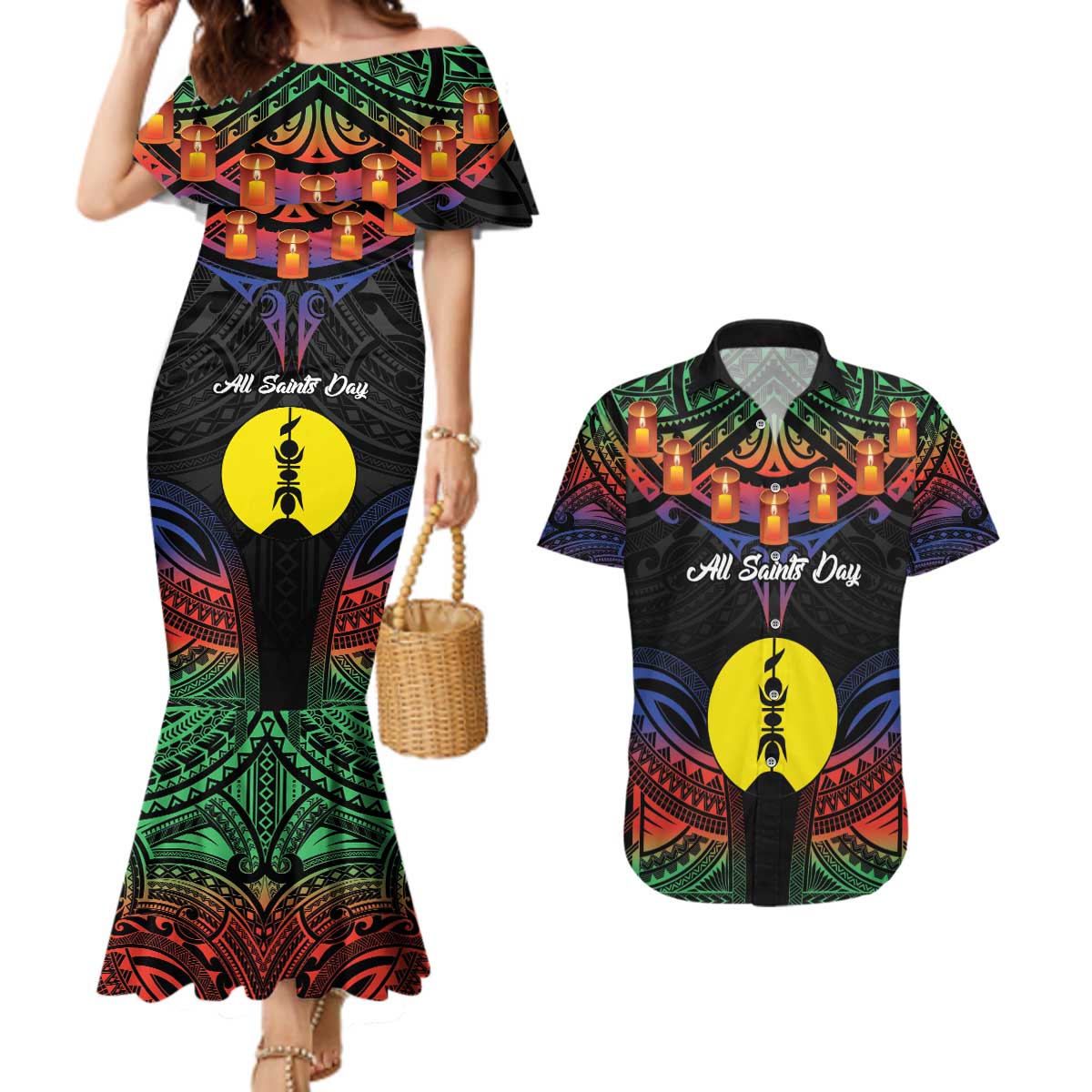 Personalised New Caledonia All Saints Day Couples Matching Mermaid Dress and Hawaiian Shirt Candle Light with Polynesian Style LT9 Black - Polynesian Pride