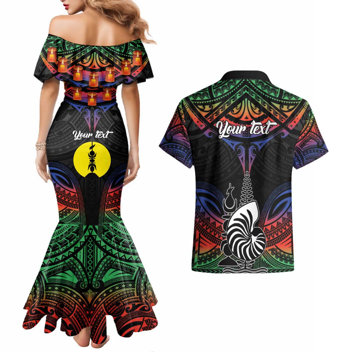 Personalised New Caledonia All Saints Day Couples Matching Mermaid Dress and Hawaiian Shirt Candle Light with Polynesian Style LT9 - Polynesian Pride