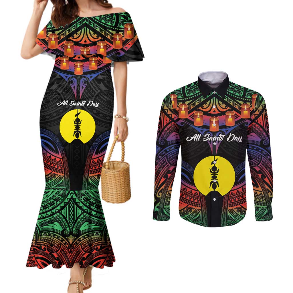 Personalised New Caledonia All Saints Day Couples Matching Mermaid Dress and Long Sleeve Button Shirt Candle Light with Polynesian Style LT9 Black - Polynesian Pride