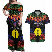 Personalised New Caledonia All Saints Day Couples Matching Off Shoulder Maxi Dress and Hawaiian Shirt Candle Light with Polynesian Style LT9 Black - Polynesian Pride