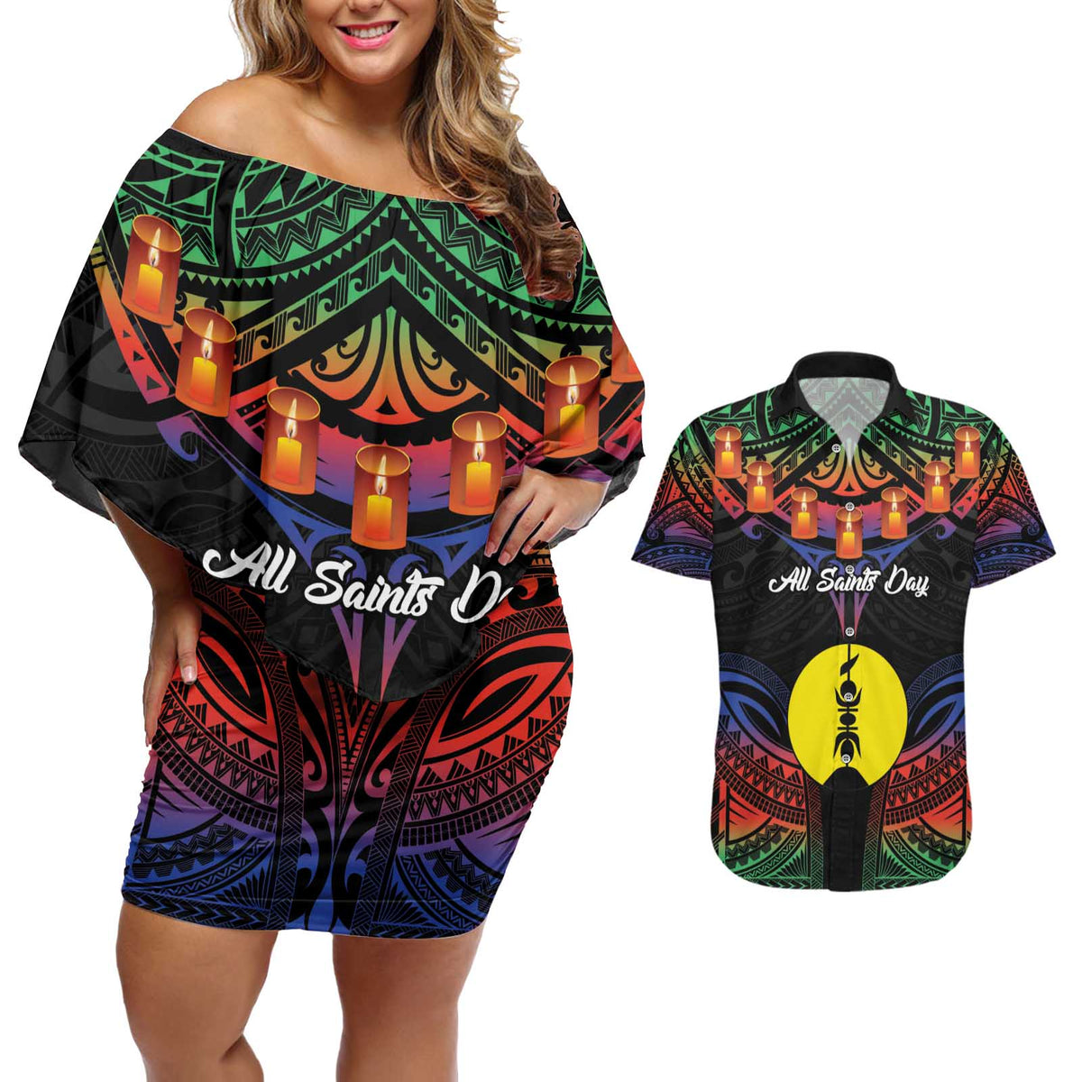 Personalised New Caledonia All Saints Day Couples Matching Off Shoulder Short Dress and Hawaiian Shirt Candle Light with Polynesian Style LT9 Black - Polynesian Pride