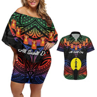 Personalised New Caledonia All Saints Day Couples Matching Off Shoulder Short Dress and Hawaiian Shirt Candle Light with Polynesian Style LT9 Black - Polynesian Pride