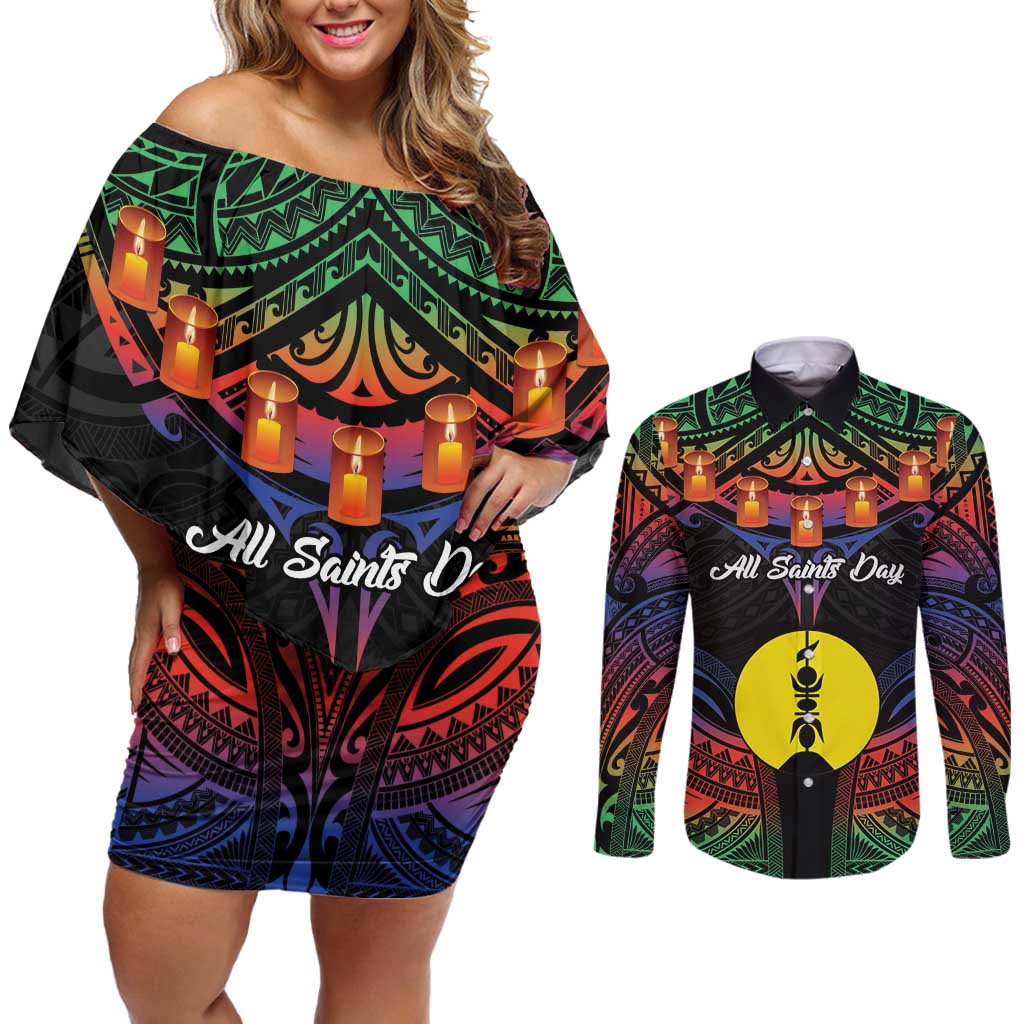 Personalised New Caledonia All Saints Day Couples Matching Off Shoulder Short Dress and Long Sleeve Button Shirt Candle Light with Polynesian Style LT9 Black - Polynesian Pride
