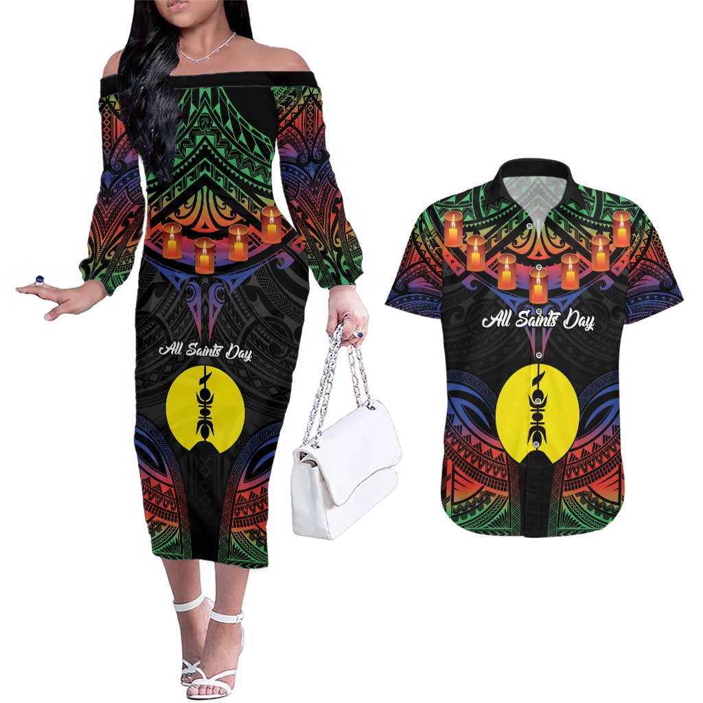 Personalised New Caledonia All Saints Day Couples Matching Off The Shoulder Long Sleeve Dress and Hawaiian Shirt Candle Light with Polynesian Style LT9 Black - Polynesian Pride