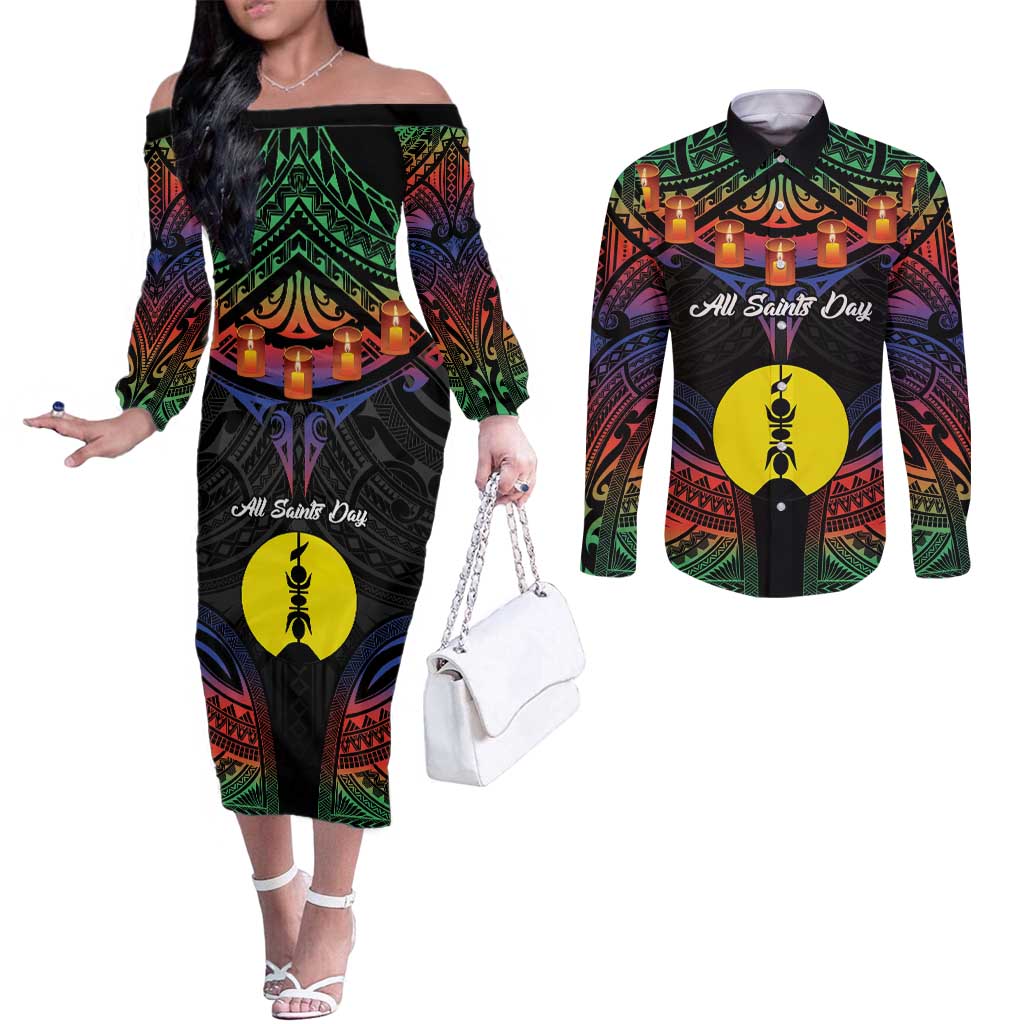 Personalised New Caledonia All Saints Day Couples Matching Off The Shoulder Long Sleeve Dress and Long Sleeve Button Shirt Candle Light with Polynesian Style LT9 Black - Polynesian Pride