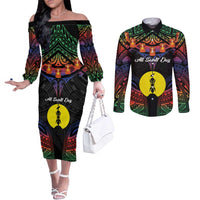 Personalised New Caledonia All Saints Day Couples Matching Off The Shoulder Long Sleeve Dress and Long Sleeve Button Shirt Candle Light with Polynesian Style LT9 Black - Polynesian Pride