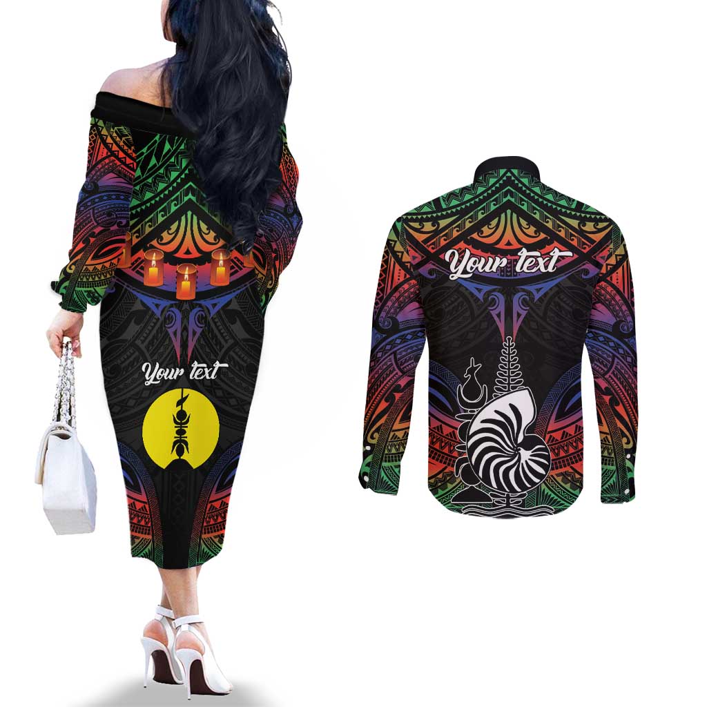 Personalised New Caledonia All Saints Day Couples Matching Off The Shoulder Long Sleeve Dress and Long Sleeve Button Shirt Candle Light with Polynesian Style LT9 - Polynesian Pride