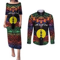 Personalised New Caledonia All Saints Day Couples Matching Puletasi and Long Sleeve Button Shirt Candle Light with Polynesian Style