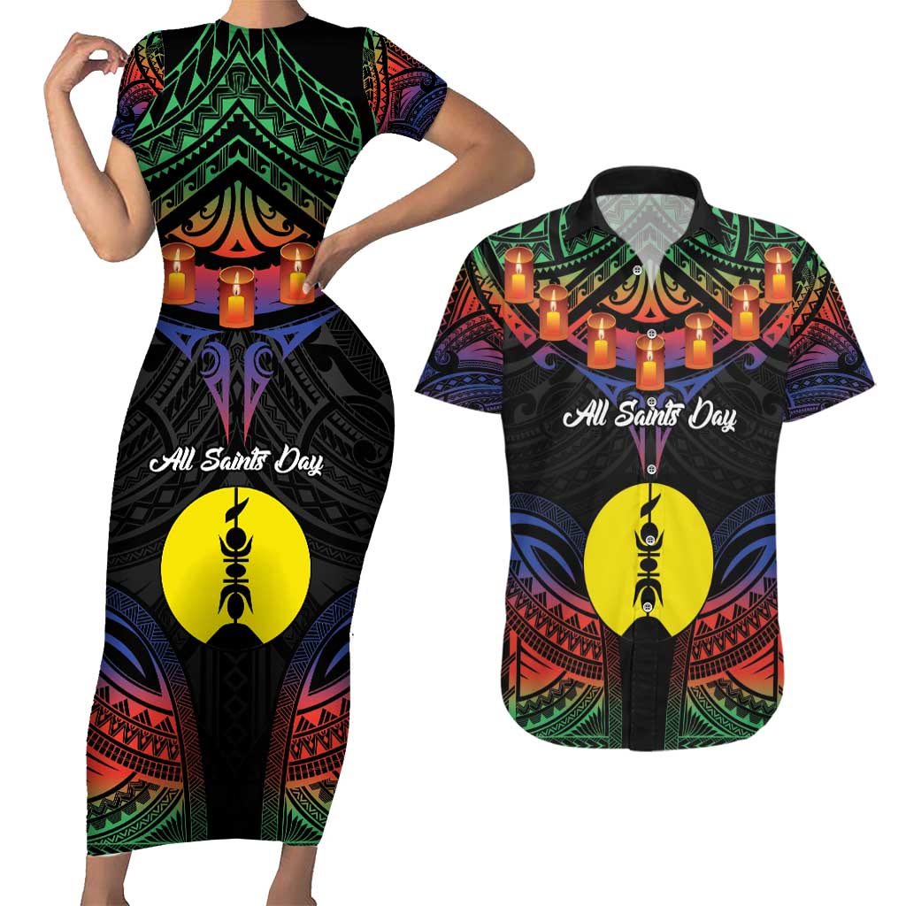 Personalised New Caledonia All Saints Day Couples Matching Short Sleeve Bodycon Dress and Hawaiian Shirt Candle Light with Polynesian Style LT9 Black - Polynesian Pride