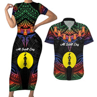 Personalised New Caledonia All Saints Day Couples Matching Short Sleeve Bodycon Dress and Hawaiian Shirt Candle Light with Polynesian Style LT9 Black - Polynesian Pride