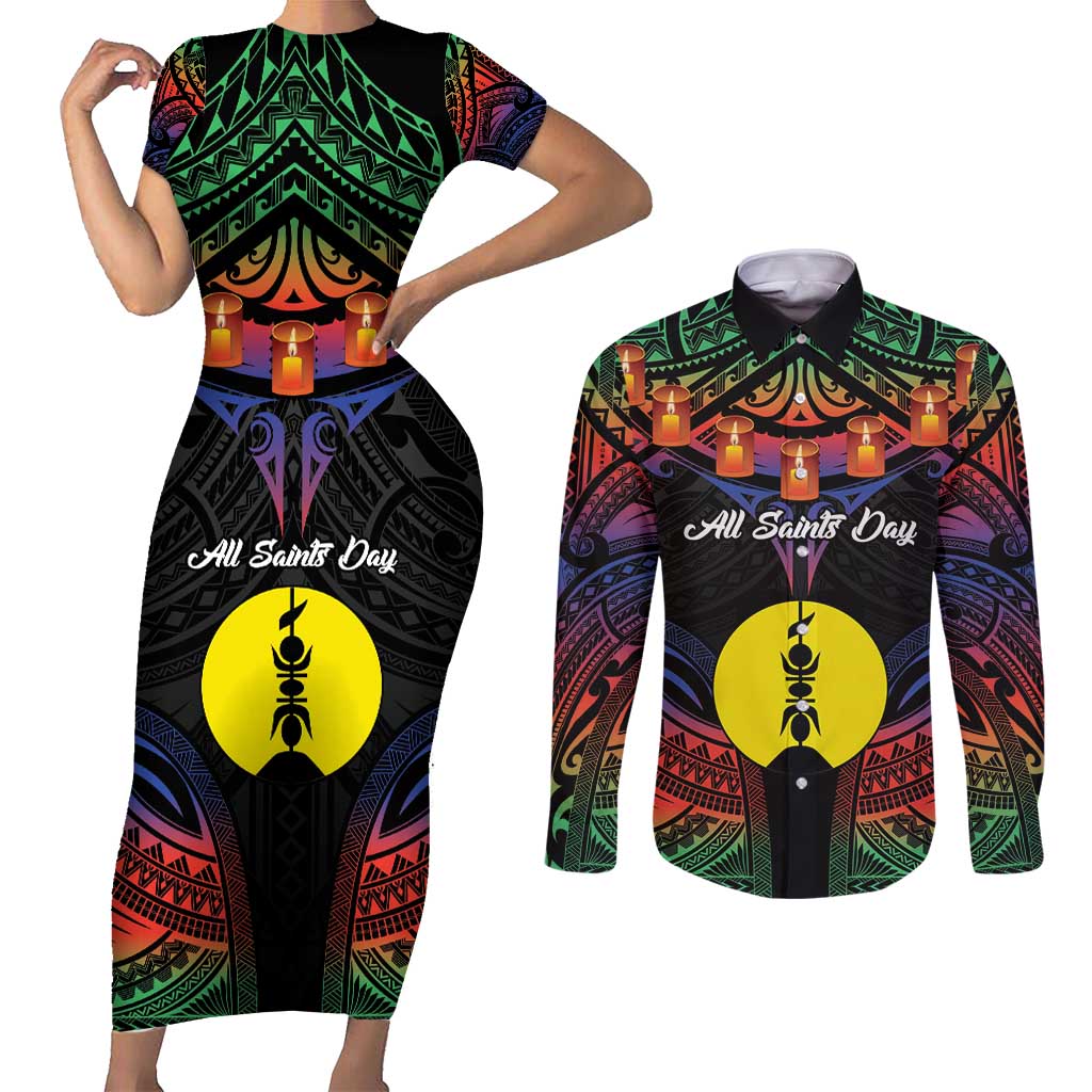 Personalised New Caledonia All Saints Day Couples Matching Short Sleeve Bodycon Dress and Long Sleeve Button Shirt Candle Light with Polynesian Style LT9 Black - Polynesian Pride