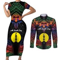 Personalised New Caledonia All Saints Day Couples Matching Short Sleeve Bodycon Dress and Long Sleeve Button Shirt Candle Light with Polynesian Style LT9 Black - Polynesian Pride