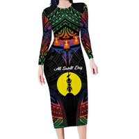Personalised New Caledonia All Saints Day Family Matching Long Sleeve Bodycon Dress and Hawaiian Shirt Candle Light with Polynesian Style LT9 Mom's Dress Black - Polynesian Pride