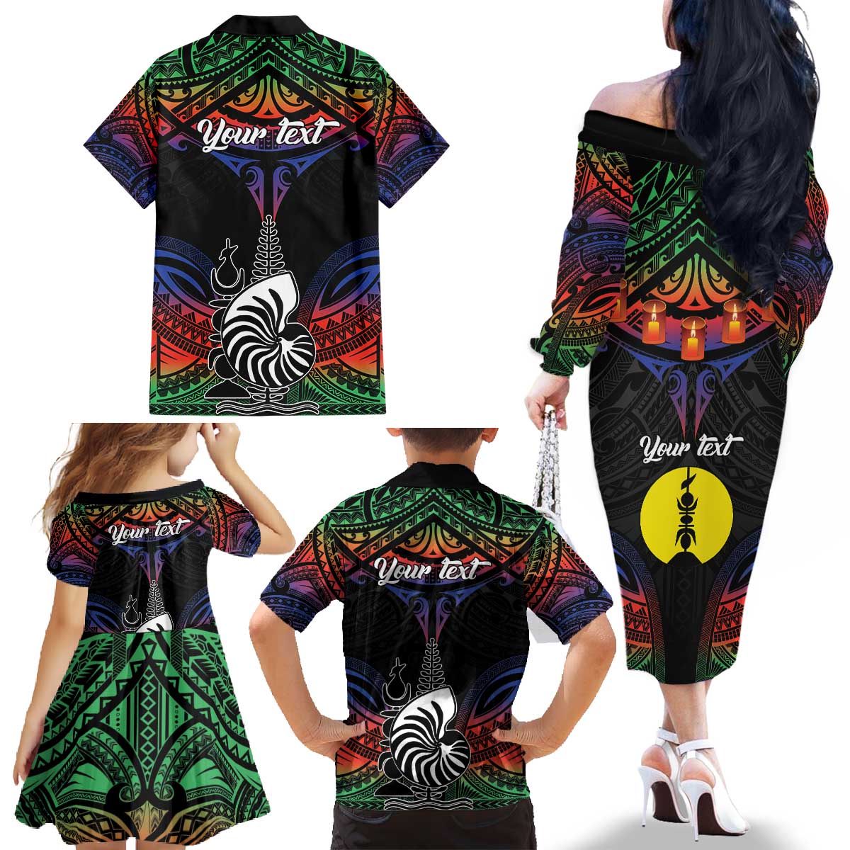 Personalised New Caledonia All Saints Day Family Matching Off The Shoulder Long Sleeve Dress and Hawaiian Shirt Candle Light with Polynesian Style LT9 - Polynesian Pride