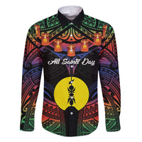 Personalised New Caledonia All Saints Day Family Matching Off Shoulder Maxi Dress and Hawaiian Shirt Candle Light with Polynesian Style LT9 Dad's Shirt - Long Sleeve Black - Polynesian Pride