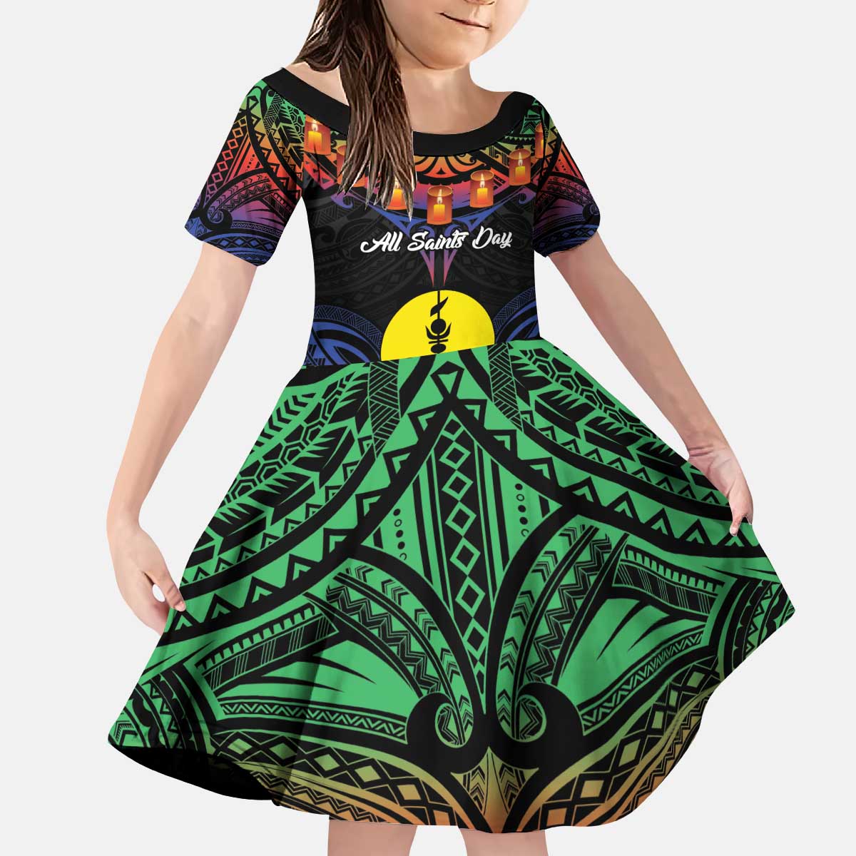Personalised New Caledonia All Saints Day Kid Short Sleeve Dress Candle Light with Polynesian Style LT9 KID Black - Polynesian Pride
