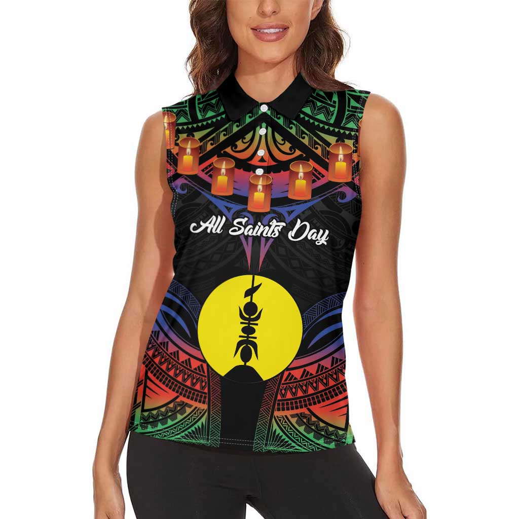 Personalised New Caledonia All Saints Day Women Sleeveless Polo Shirt Candle Light with Polynesian Style LT9 - Polynesian Pride