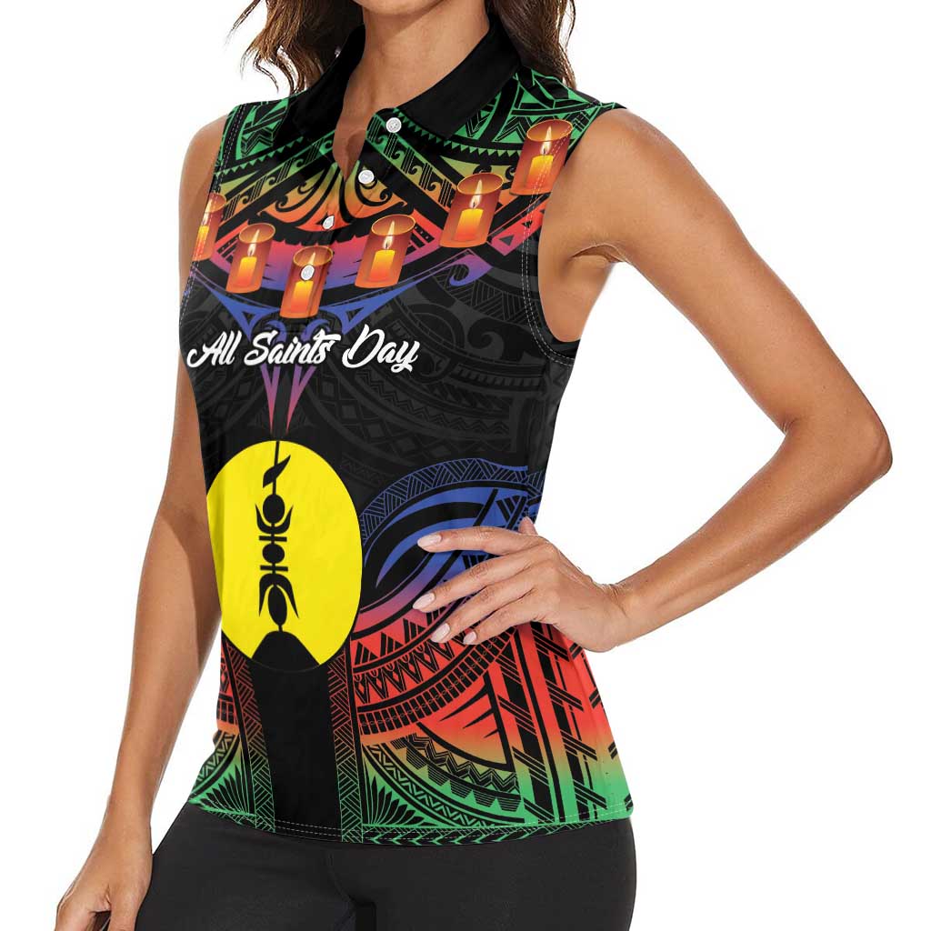 Personalised New Caledonia All Saints Day Women Sleeveless Polo Shirt Candle Light with Polynesian Style LT9 - Polynesian Pride