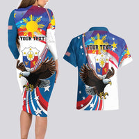 Personalized Filipino-American Couples Matching Long Sleeve Bodycon Dress and Hawaiian Shirt The Eight-Rayed Sun with Bald Eagle LT9 - Polynesian Pride