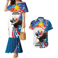 Personalized Filipino-American Couples Matching Mermaid Dress and Hawaiian Shirt The Eight-Rayed Sun with Bald Eagle LT9 Blue - Polynesian Pride