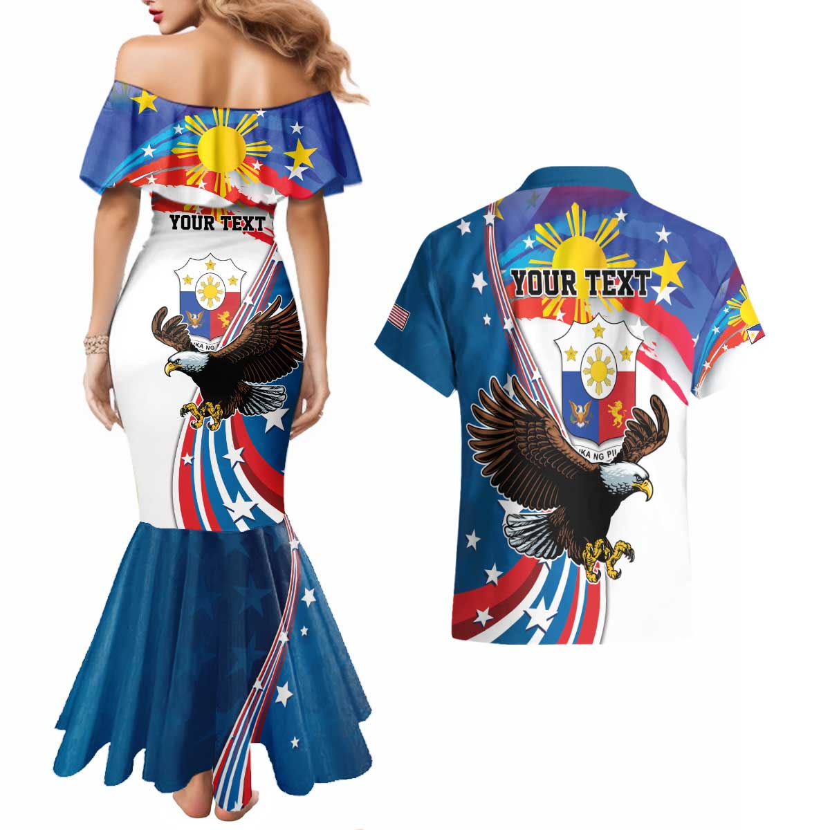 Personalized Filipino-American Couples Matching Mermaid Dress and Hawaiian Shirt The Eight-Rayed Sun with Bald Eagle LT9 - Polynesian Pride