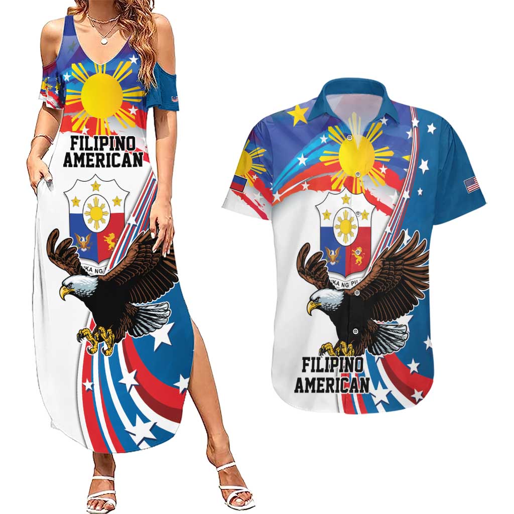 Personalized Filipino-American Couples Matching Summer Maxi Dress and Hawaiian Shirt The Eight-Rayed Sun with Bald Eagle LT9 Blue - Polynesian Pride