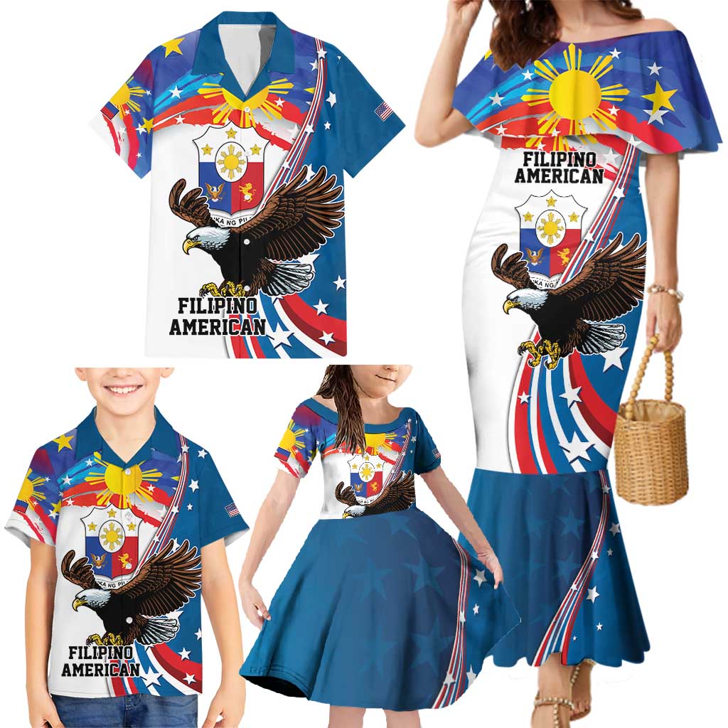 Personalized Filipino-American Family Matching Mermaid Dress and Hawaiian Shirt The Eight-Rayed Sun with Bald Eagle LT9 - Polynesian Pride