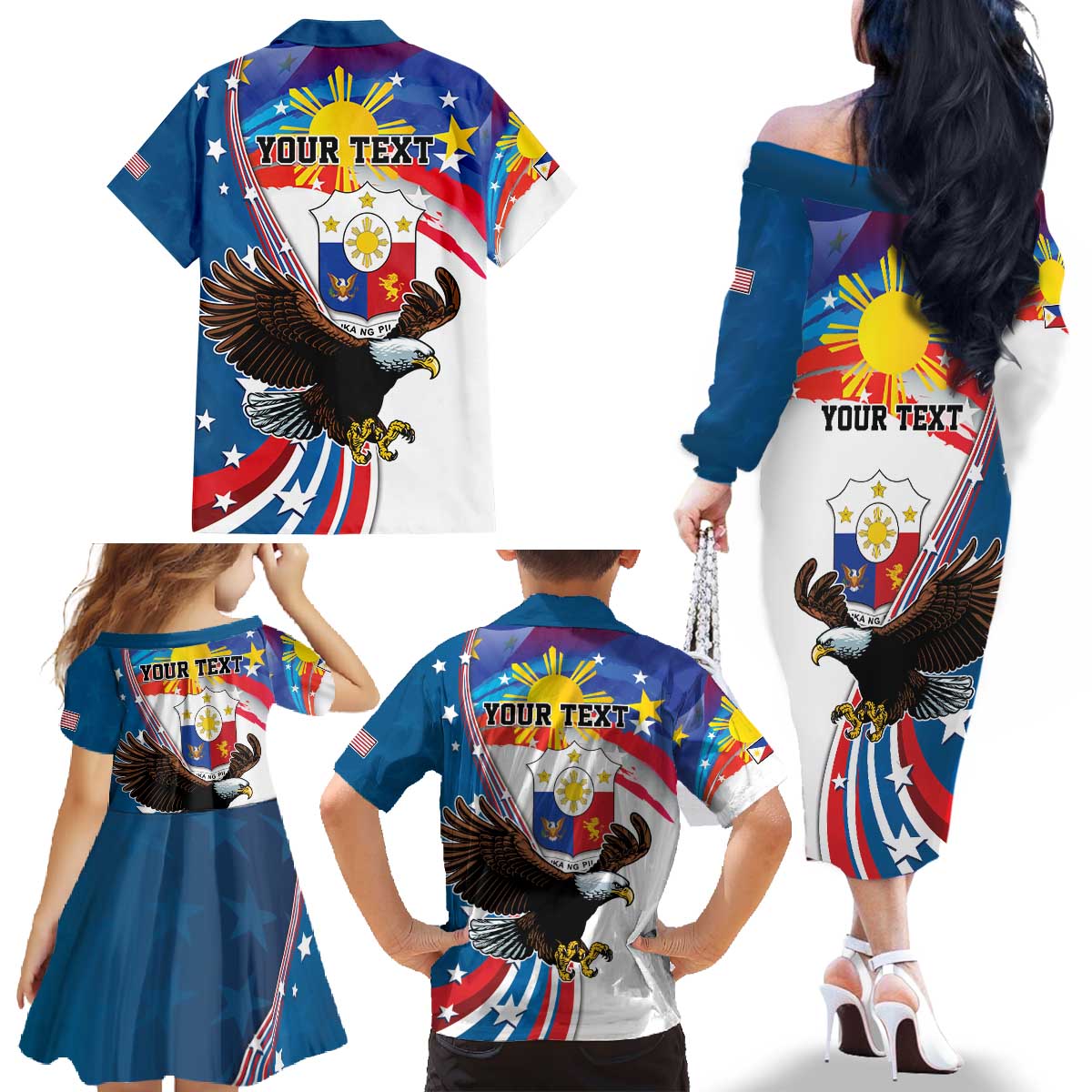 Personalized Filipino-American Family Matching Off The Shoulder Long Sleeve Dress and Hawaiian Shirt The Eight-Rayed Sun with Bald Eagle LT9 - Polynesian Pride