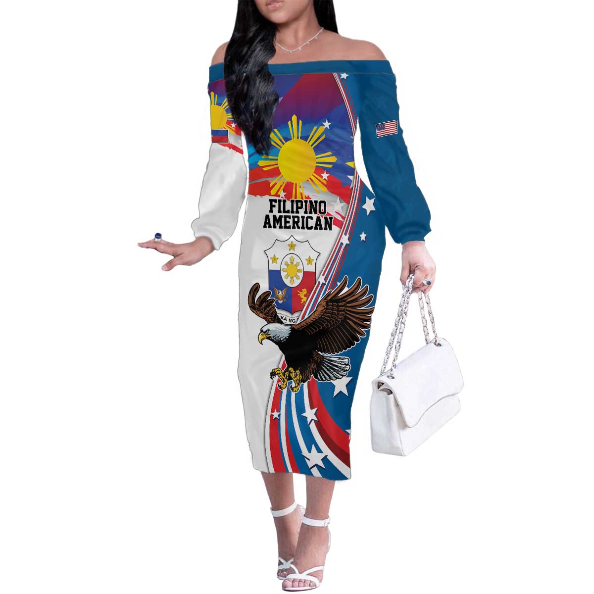 Personalized Filipino-American Family Matching Off The Shoulder Long Sleeve Dress and Hawaiian Shirt The Eight-Rayed Sun with Bald Eagle LT9 Mom's Dress Blue - Polynesian Pride