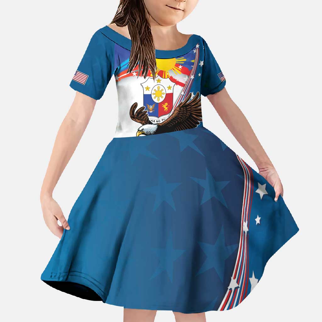 Personalized Filipino-American Family Matching Off Shoulder Maxi Dress and Hawaiian Shirt The Eight-Rayed Sun with Bald Eagle LT9 Daughter's Dress Blue - Polynesian Pride
