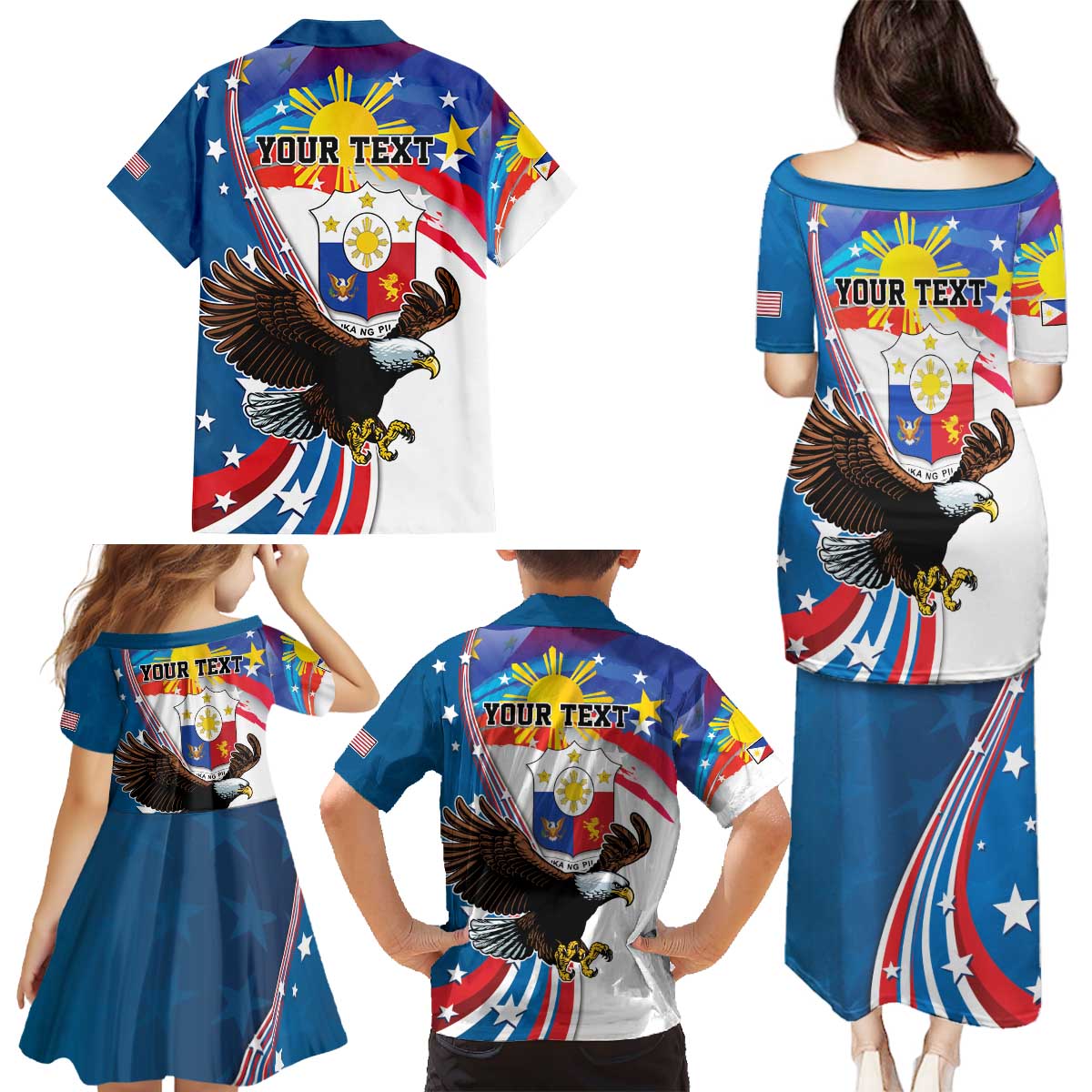 Personalized Filipino-American Family Matching Puletasi and Hawaiian Shirt The Eight-Rayed Sun with Bald Eagle LT9 - Polynesian Pride