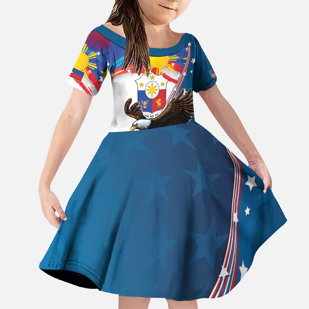 Personalized Filipino-American Family Matching Summer Maxi Dress and Hawaiian Shirt The Eight-Rayed Sun with Bald Eagle LT9 Daughter's Dress Blue - Polynesian Pride