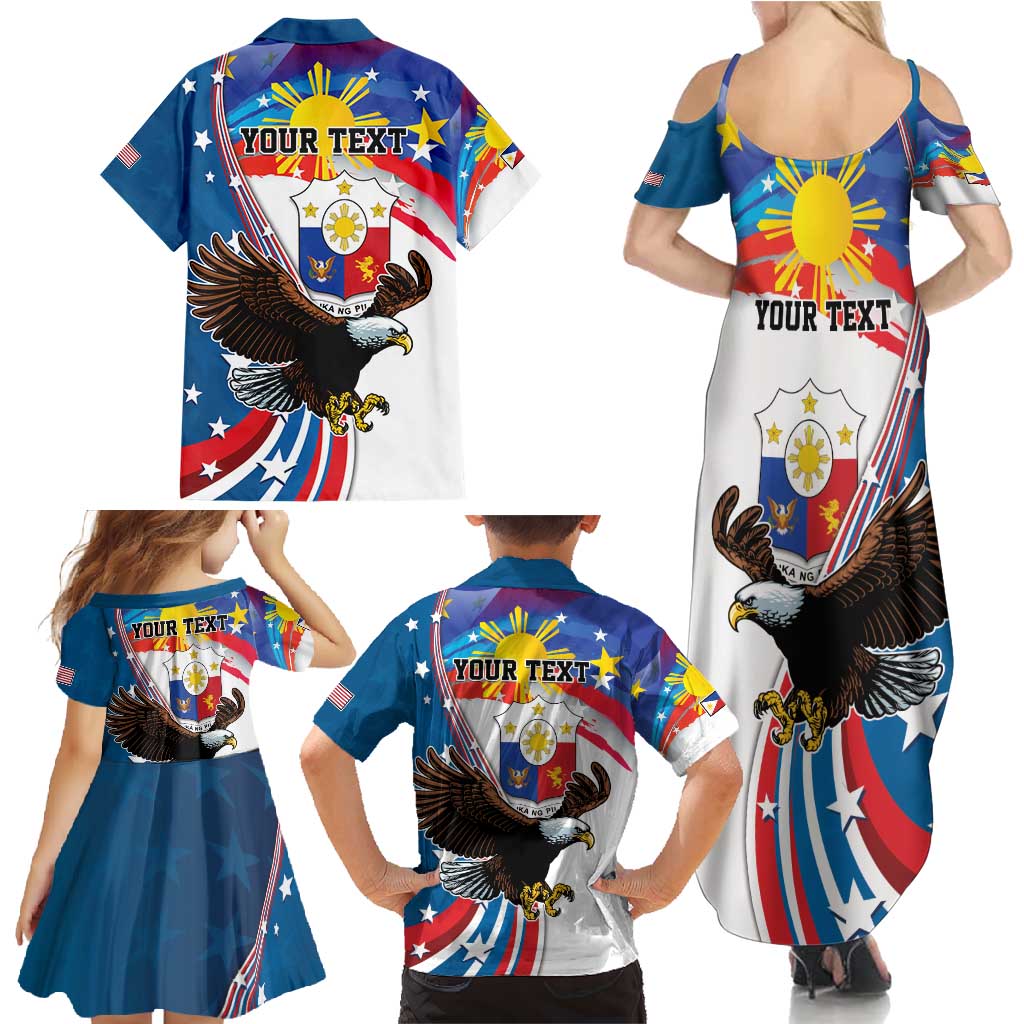 Personalized Filipino-American Family Matching Summer Maxi Dress and Hawaiian Shirt The Eight-Rayed Sun with Bald Eagle LT9 - Polynesian Pride