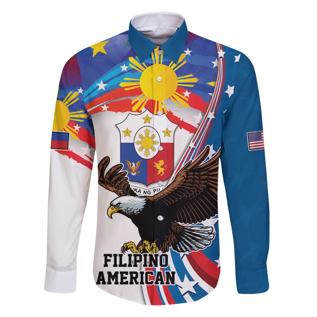 Personalized Filipino-American Family Matching Summer Maxi Dress and Hawaiian Shirt The Eight-Rayed Sun with Bald Eagle LT9 Dad's Shirt - Long Sleeve Blue - Polynesian Pride
