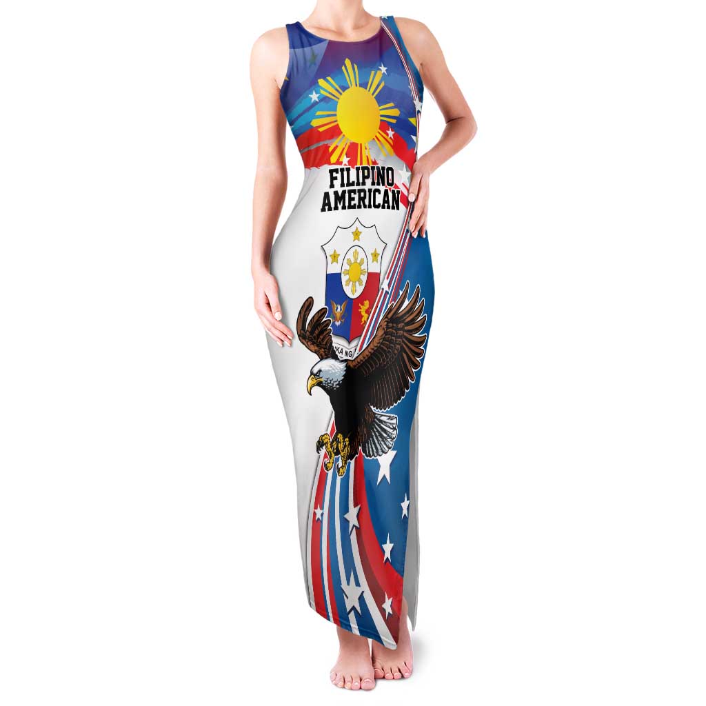 Personalized Filipino-American Family Matching Tank Maxi Dress and Hawaiian Shirt The Eight-Rayed Sun with Bald Eagle LT9 Mom's Dress Blue - Polynesian Pride