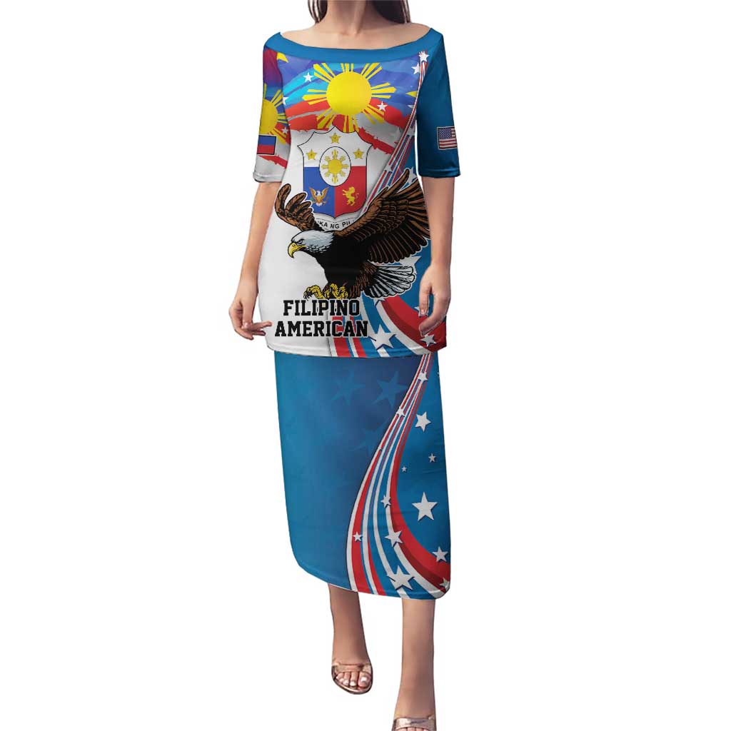 Personalized Filipino-American Puletasi The Eight-Rayed Sun with Bald Eagle LT9 Long Dress Blue - Polynesian Pride