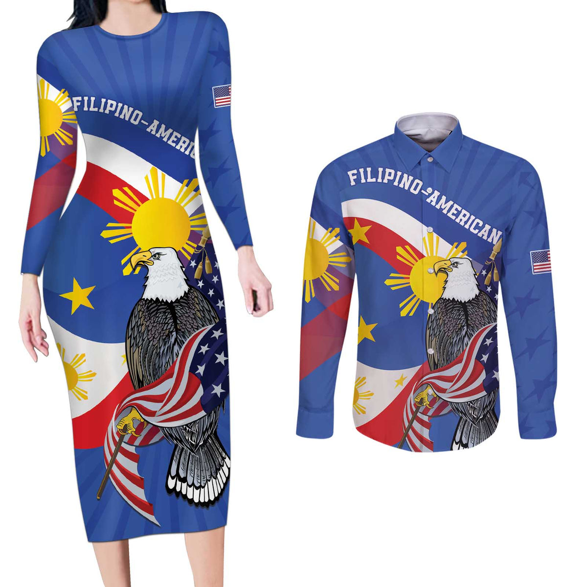 Personalized Filipino-American Couples Matching Long Sleeve Bodycon Dress and Long Sleeve Button Shirt Philippines Coat Of Arms with Bald Eagle LT9 White - Polynesian Pride
