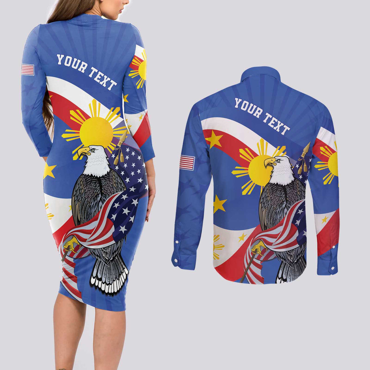 Personalized Filipino-American Couples Matching Long Sleeve Bodycon Dress and Long Sleeve Button Shirt Philippines Coat Of Arms with Bald Eagle LT9 - Polynesian Pride