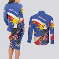 Personalized Filipino-American Couples Matching Long Sleeve Bodycon Dress and Long Sleeve Button Shirt Philippines Coat Of Arms with Bald Eagle LT9 - Polynesian Pride