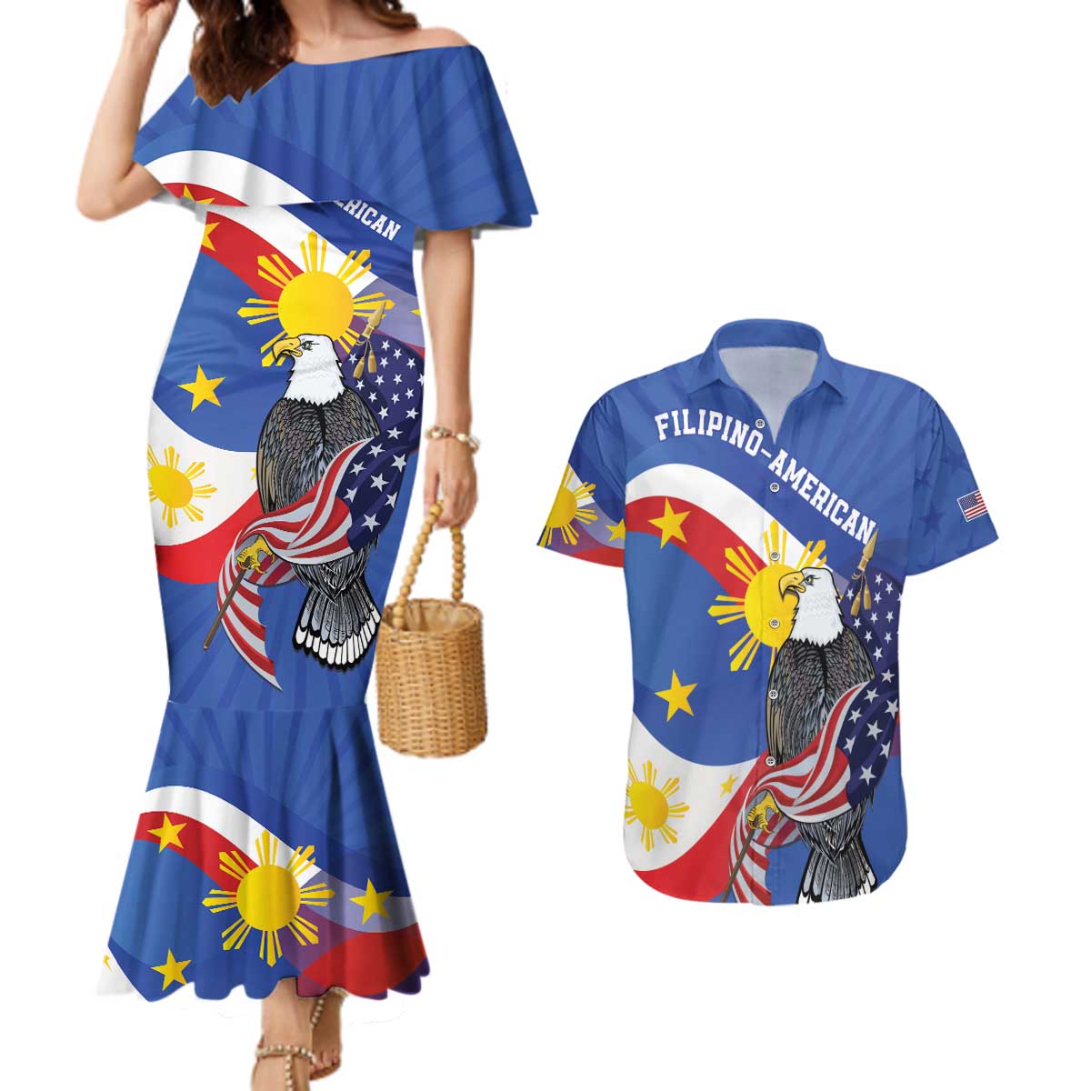 Personalized Filipino-American Couples Matching Mermaid Dress and Hawaiian Shirt Philippines Coat Of Arms with Bald Eagle LT9 White - Polynesian Pride