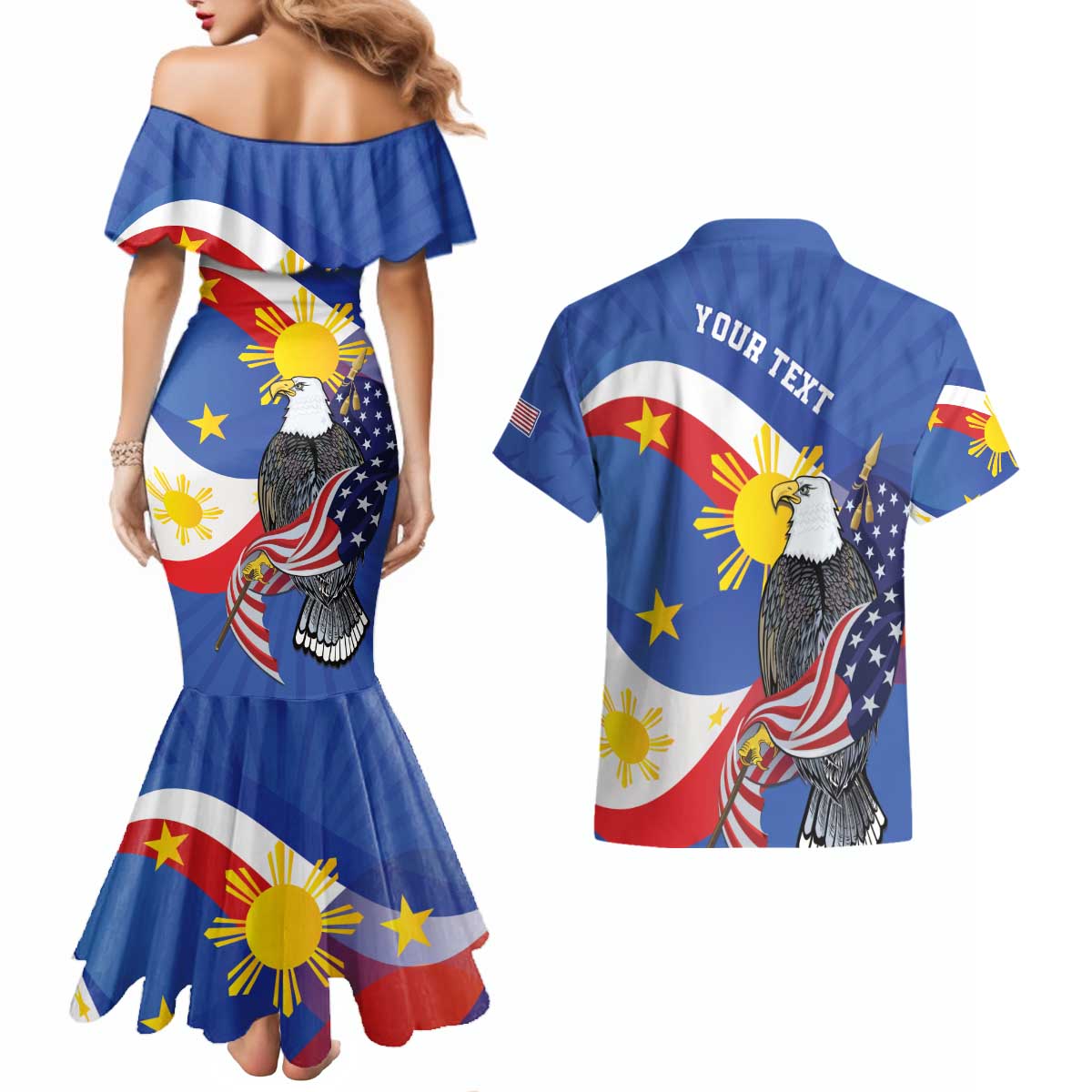 Personalized Filipino-American Couples Matching Mermaid Dress and Hawaiian Shirt Philippines Coat Of Arms with Bald Eagle LT9 - Polynesian Pride