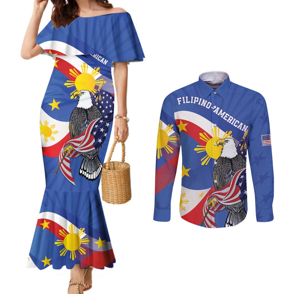 Personalized Filipino-American Couples Matching Mermaid Dress and Long Sleeve Button Shirt Philippines Coat Of Arms with Bald Eagle LT9 White - Polynesian Pride
