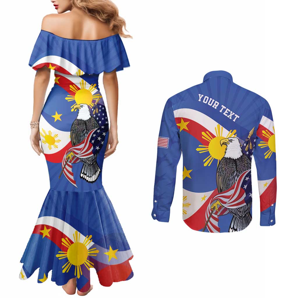 Personalized Filipino-American Couples Matching Mermaid Dress and Long Sleeve Button Shirt Philippines Coat Of Arms with Bald Eagle LT9 - Polynesian Pride