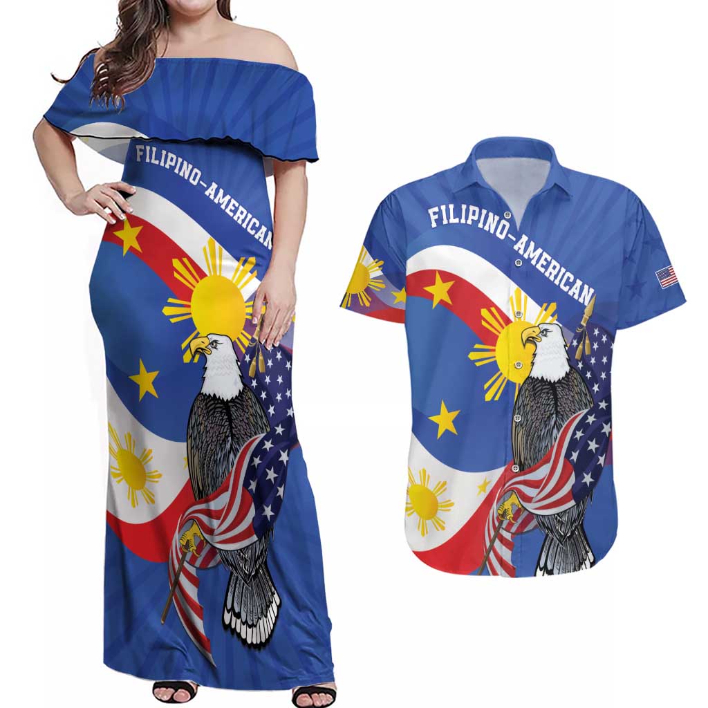 Personalized Filipino-American Couples Matching Off Shoulder Maxi Dress and Hawaiian Shirt Philippines Coat Of Arms with Bald Eagle LT9 White - Polynesian Pride