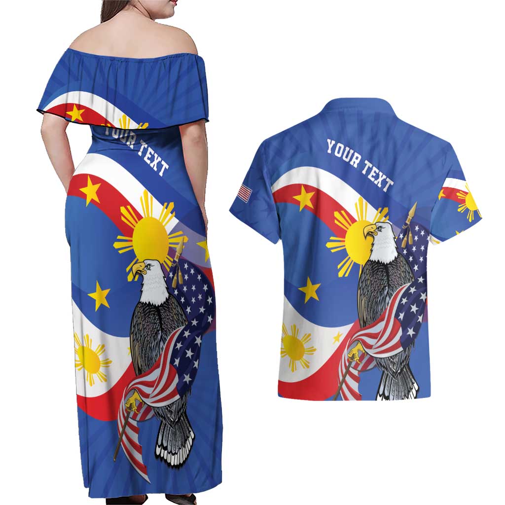 Personalized Filipino-American Couples Matching Off Shoulder Maxi Dress and Hawaiian Shirt Philippines Coat Of Arms with Bald Eagle LT9 - Polynesian Pride