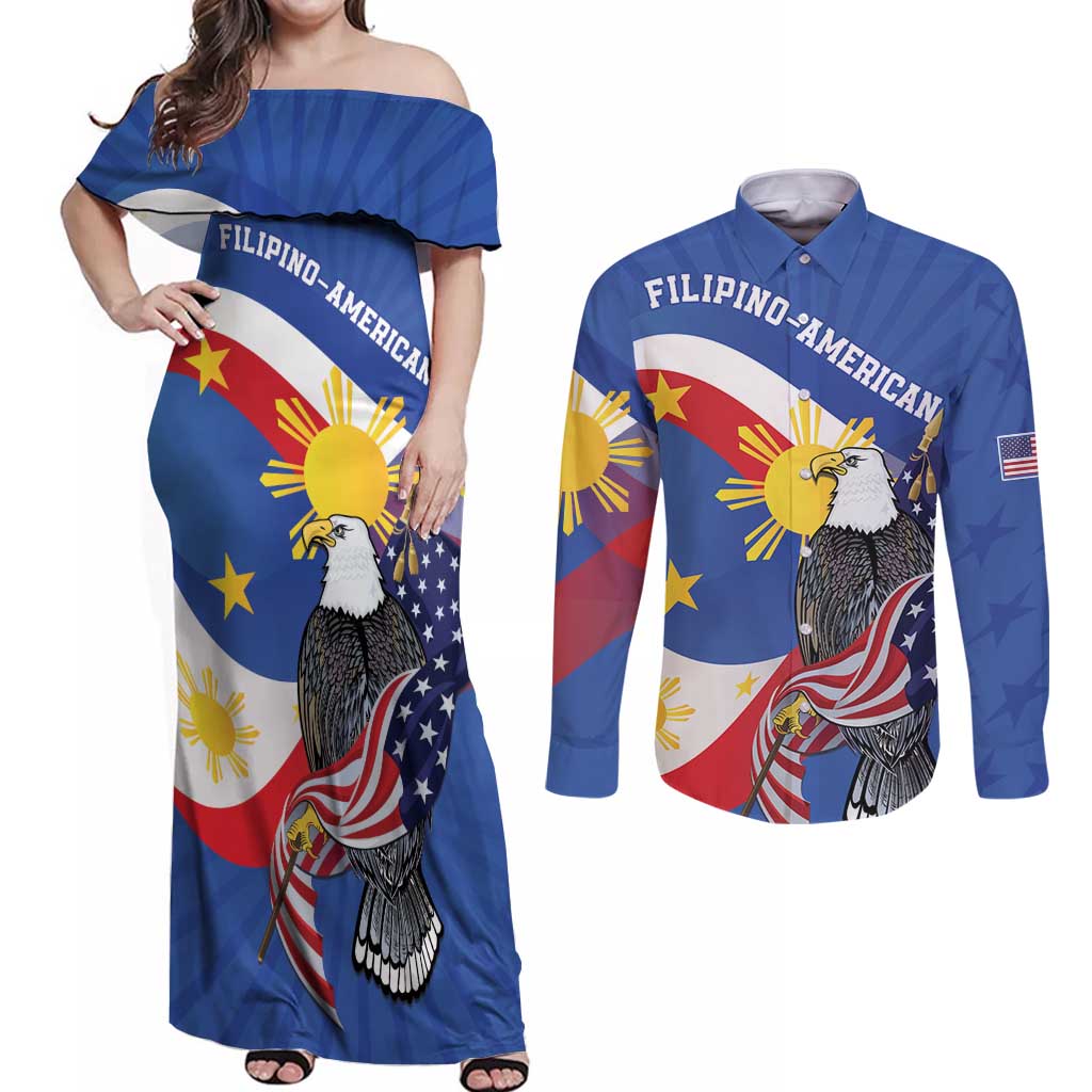 Personalized Filipino-American Couples Matching Off Shoulder Maxi Dress and Long Sleeve Button Shirt Philippines Coat Of Arms with Bald Eagle LT9 White - Polynesian Pride